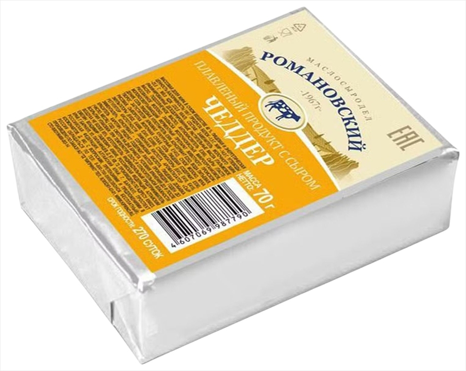 Плавленый продукт с сыром РОМАНОВСКИЙ Чеддер сзмж 40% 70г