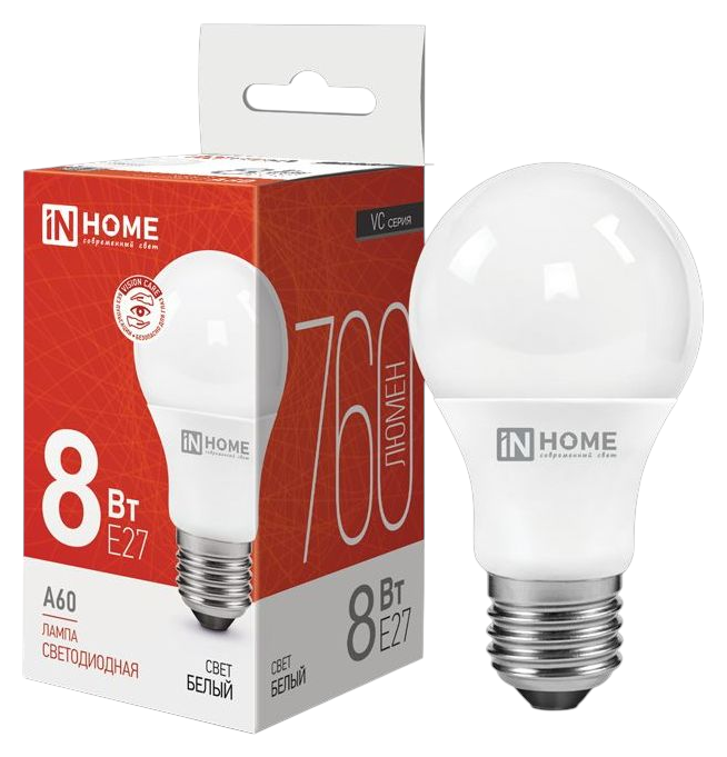 Лампа светодиодная ИН ХОУМ A60 8Вт 4000К 760Лм Е27