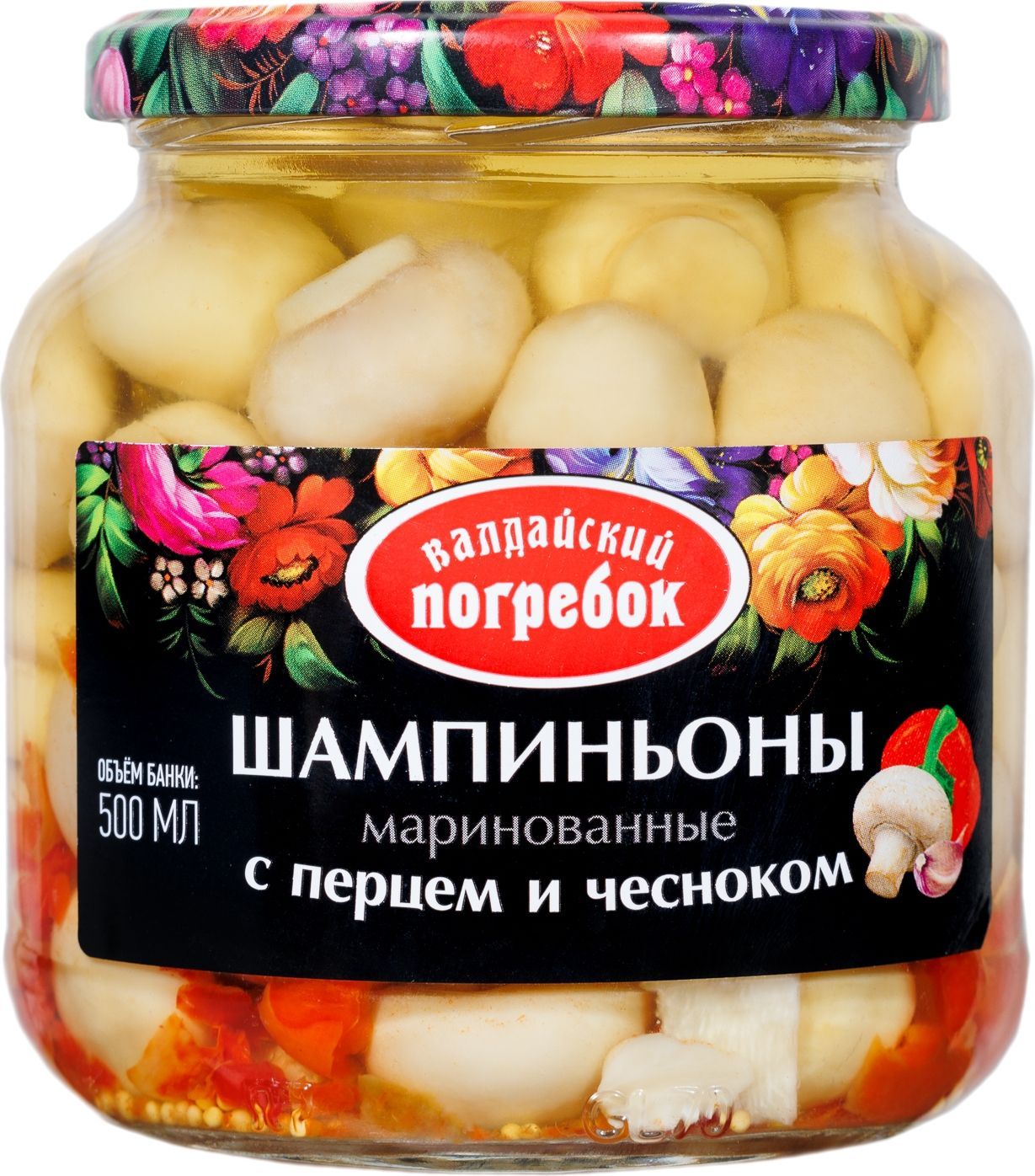 Шампиньоны ВАЛДАЙСКИЙ ПОГРЕБОК маринованные с перцем и чесноком ст/б 500мл