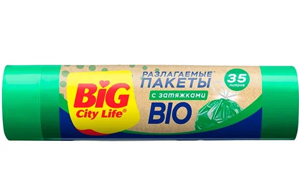 Пакеты для мусора БИГ СИТИ ЛАЙФ Био с затяжками зелёные 35л 15шт