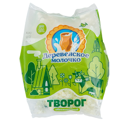 Творог ДЕРЕВЕНСКОЕ МОЛОЧКО обезжиренный бзмж 0% пакет 500г