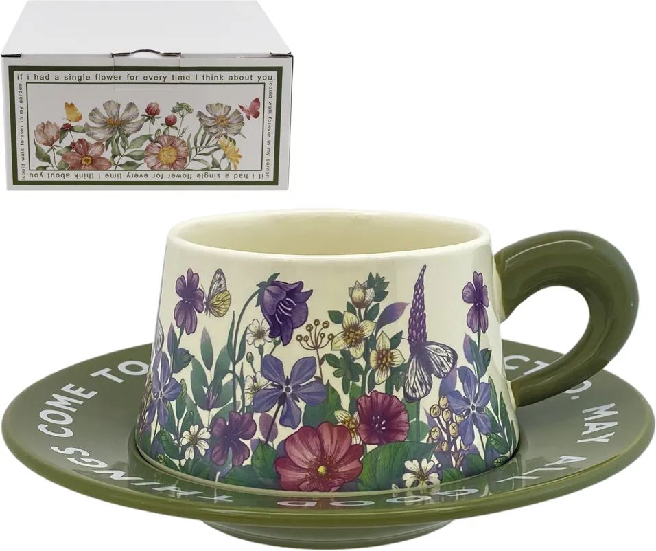 Чайная пара НАТАМ Флауерс чашка 300мл с блюдцем Д16.5см зеленая арт.GFSFG-2
