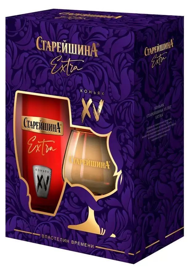 Коньяк СТАРЕЙШИНА Экстра 15 лет 40% ПК 0.5л+бокал