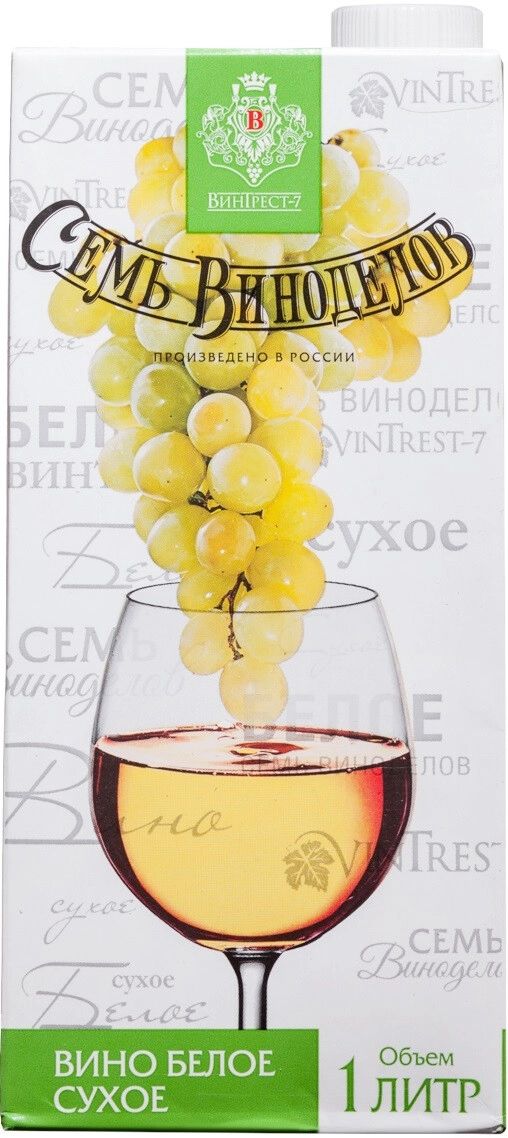 Вино СЕМЬ ВИНОДЕЛОВ белое сух 9-11% т/пак 1л