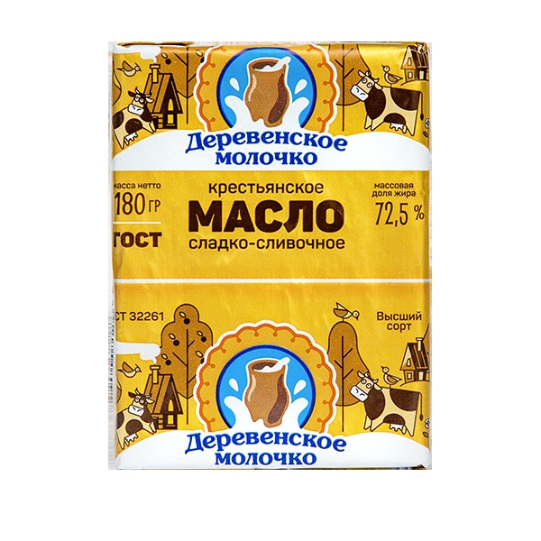 Масло сладко-сливочное ДЕРЕВЕНСКОЕ МОЛОЧКО Крестьянское несоленое бзмж 72.5% 180г