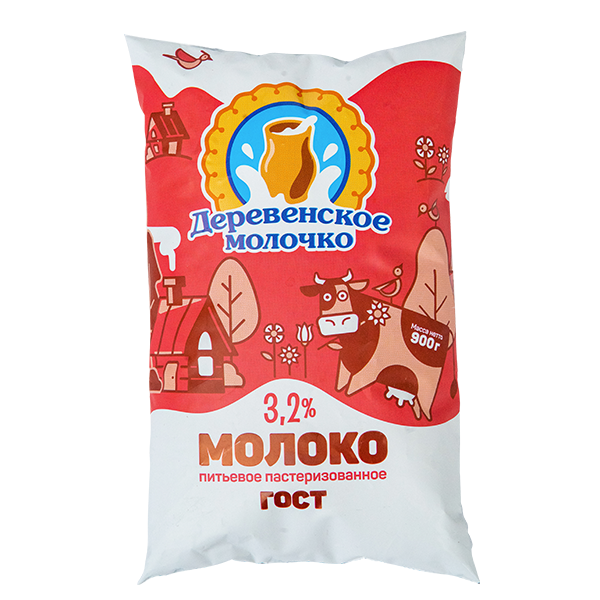 Молоко ДЕРЕВЕНСКОЕ МОЛОЧКО пастер бзмж 3.2% п/пак 900г