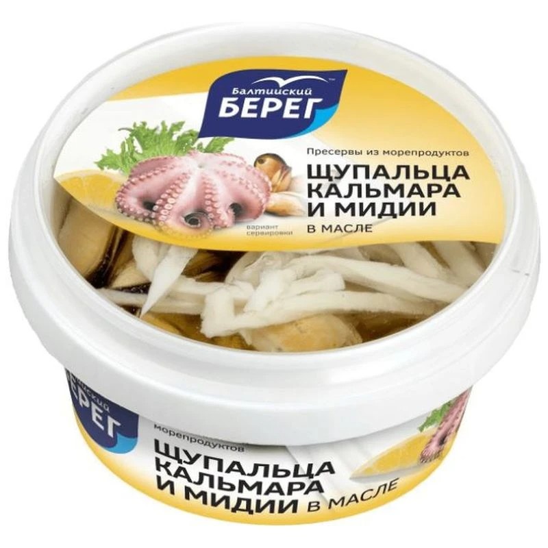 Морской коктейль БАЛТИЙСКИЙ БЕРЕГ кальмар и мидии в масле 210г