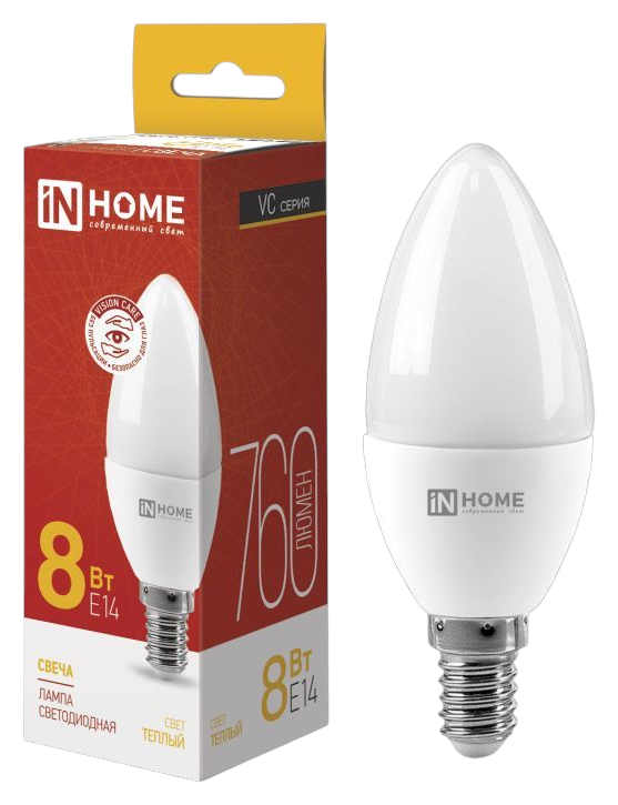 Лампа светодиодная ИН ХОУМ Свеча 8Вт 3000К 760Лм Е14