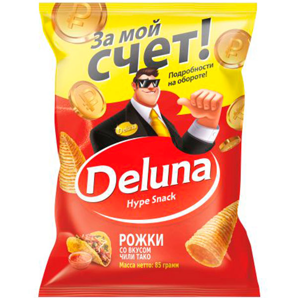 Снеки кукурузные ДЕЛУНА Рожки со вкусом чили тако 85г
