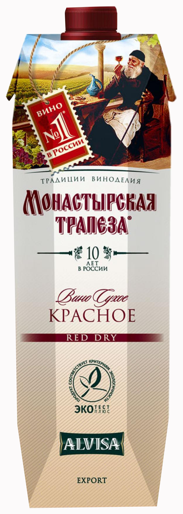 Вино МОНАСТЫРСКАЯ ТРАПЕЗА красное сух 10-12% т/пак 1л