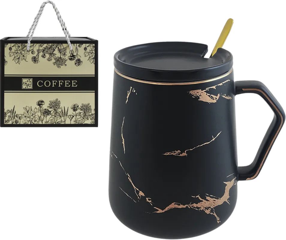 Кружка НАТАМ Ориджинал 450мл с ложкой и крышкой черная ПУ арт.CFSMBG-3