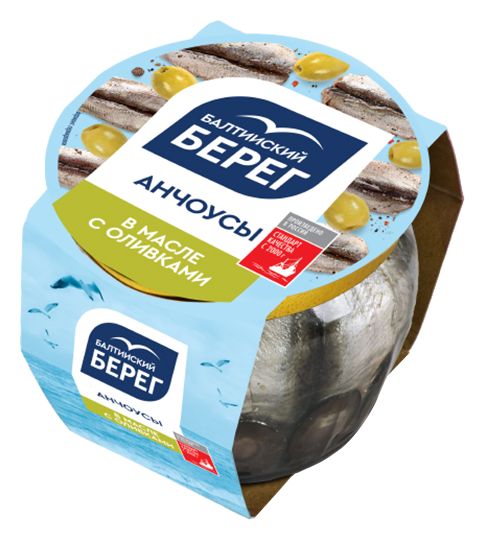 Анчоус БАЛТИЙСКИЙ БЕРЕГ килька с оливками в масле п/п ст/б 145г