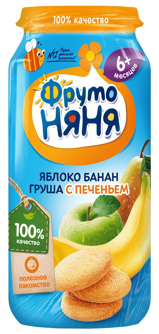 Пюре ФРУТОНЯНЯ яблоко банан груша c печеньем ст/б 250г