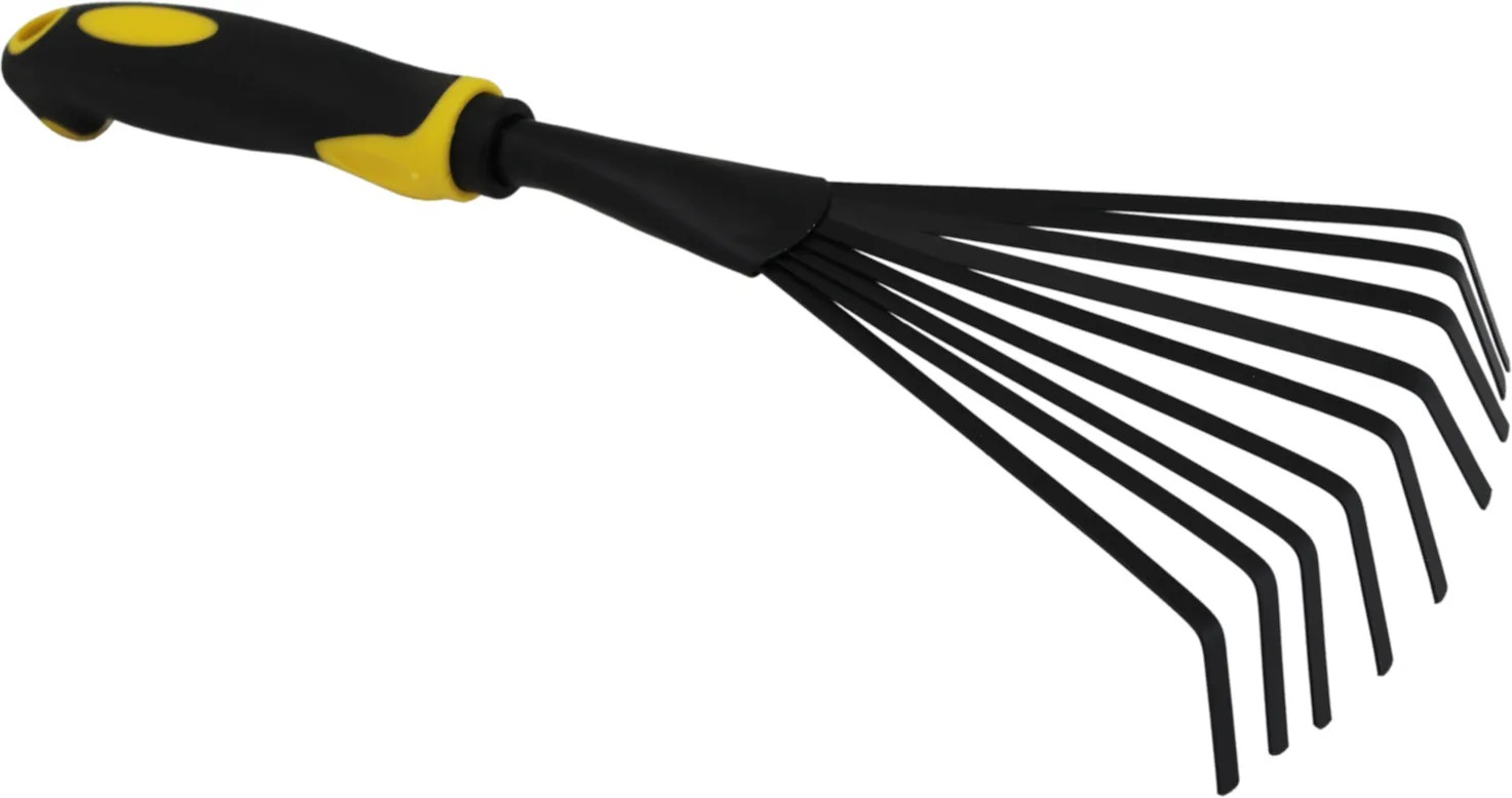 Грабли садовые АТМИКС веерные с прорезиненной черно-желтой ручкой 9 зубцов