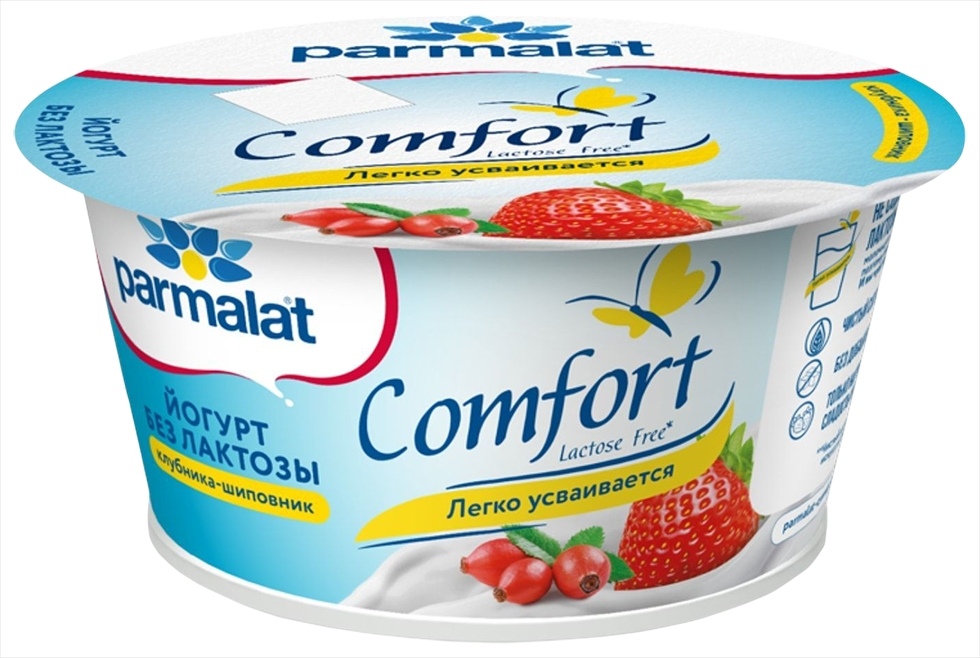 Йогурт ПАРМАЛАТ Комфорт клубника шиповник безлактозный бзмж 3% 130г