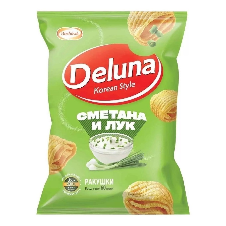 Снеки кукурузные ДЕЛУНА Ракушки со вкусом сметаны и лука 60г