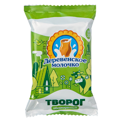 Творог ДЕРЕВЕНСКОЕ МОЛОЧКО обезжиренный бзмж 0% флоупак 200г