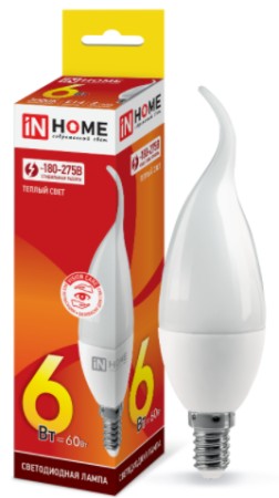 Лампа светодиодная ИН ХОУМ Свеча на ветру 6Вт 3000К 540Лм Е14
