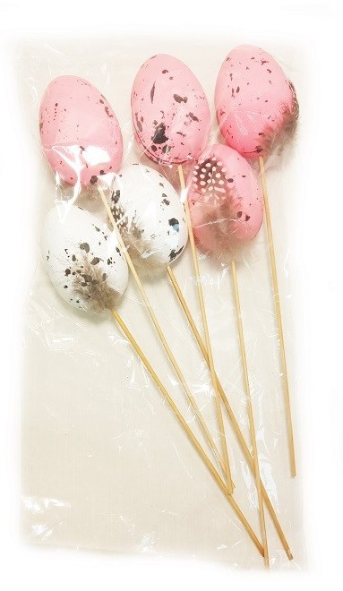 Декор пасхальный СФЕРА Яйца на палке розовый и белый с пером 6шт арт.3-0832-1