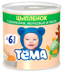 Пюре ТЕМА цыпленок с кабачками морковью и рисом  ж/б 100г