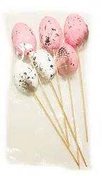 Декор пасхальный СФЕРА Яйца на палке розовый и белый с пером 6шт арт.3-0832-1
