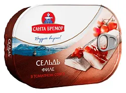 Сельдь САНТА БРЕМОР Атлантическая филе в томатном соусе ж/б 190г