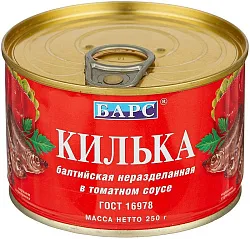 Килька БАРС балтийская в т/с ж/б ключ 250г