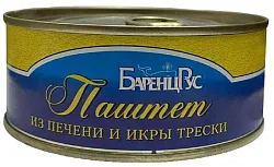 Паштет БАРЕНЦ РУС из печени трески и икры трески ж/б ключ 240г