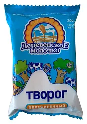 Творог ДЕРЕВЕНСКОЕ МОЛОЧКО обезжиренный бзмж 0% флоупак 200г